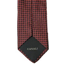 Canali Silk Tie Red Navy Geometric Woven 58.5” 4” Wide Made In Italy